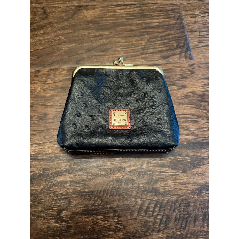 Dooney & Bourke Ostrich Embossed Leather Kiss Lock Coin Purse Black